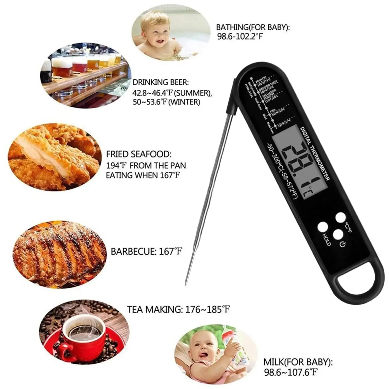 Digital Meat Thermometer Instant Read Waterproof Food BBQ Thermometer Backlight Calibration Thermometer Kitchen Outdoor Cooking