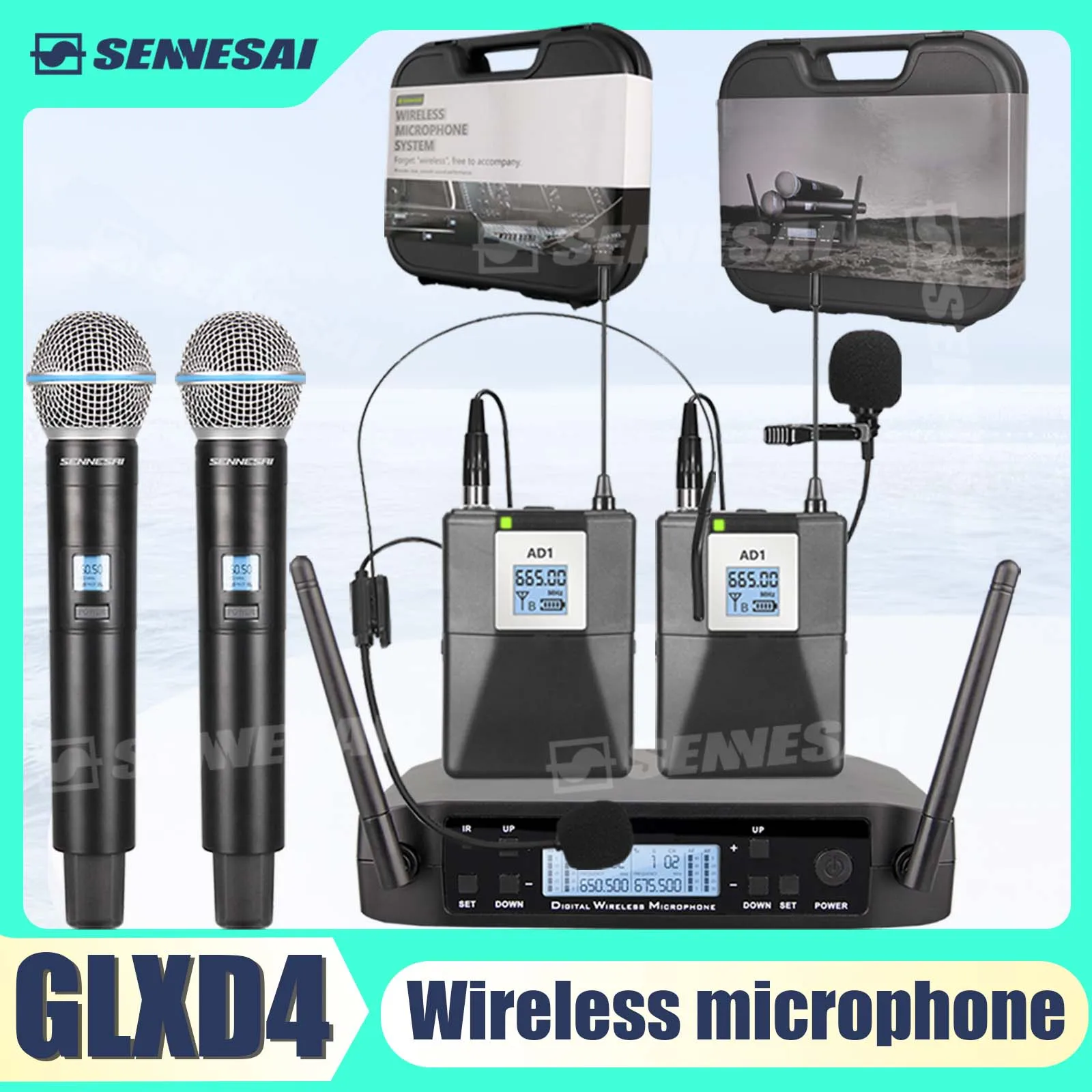 TOP！GLXD4  B58 Professional Dual Wireless Microphone 600-699MHz System Stage Performances UHF Dynamic 2 Channel Handheld