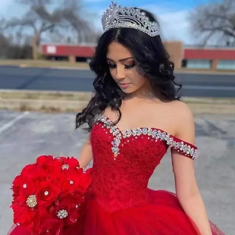 Vestido De baile rojo Vintage para quinceañera, vestido De princesa, cristal brillante, hombros descubiertos, fiesta De cumpleaños, 15 años