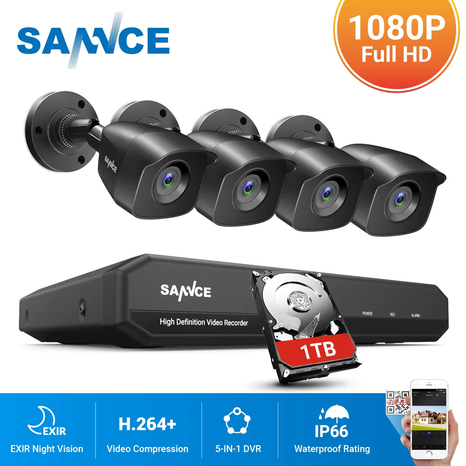 

SANNCE 8CH HD 108P CCTV System 1080P Output CCTV DVR 1080P Security Cameras IR night Waterproof Surveillance kit