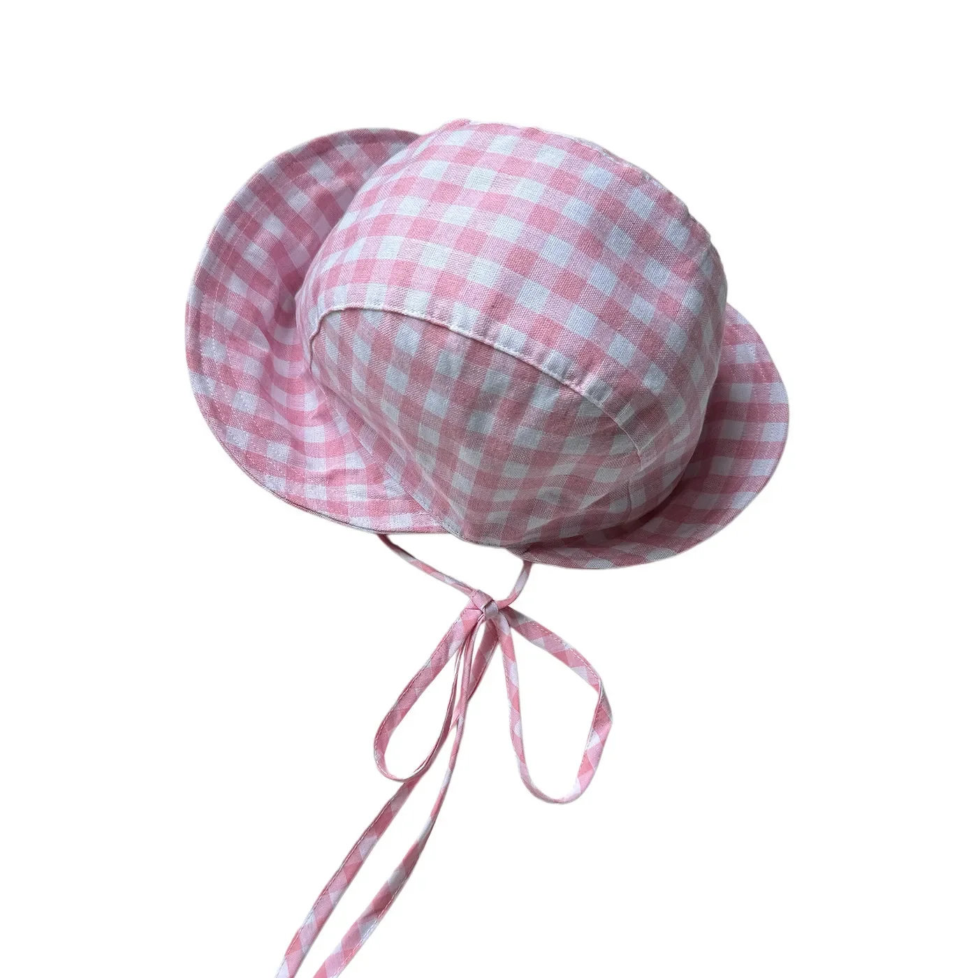 Women Pink Plaid Double Brim Bucket Hat Foldable Strap Sun Hat Casual Breathable Fisherman Cap