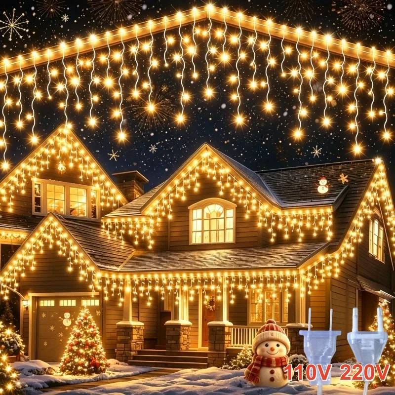 Christmas Icicle Lights  Total Length 2.2M String+0.9M Lead Wire 220V EU 110V US Plug Warm White Color Eaves Outdoor Decor Lamp