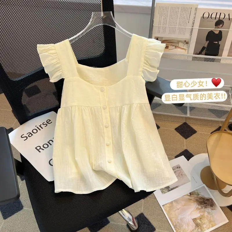 Ruffles Button Sleeveless Off Shoulder Simplicity Sweet Blouse Summer Loose All-match Korean Shirts Fashion Sexy Women Clothing