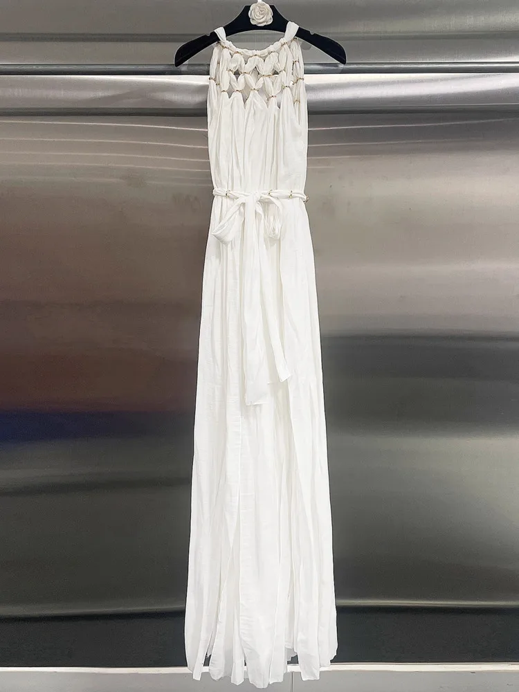 DFDG lente zomer 2025, dames bohemien sexy halter uitgesneden maxi-jurk onregelmatig lint ontwerper strandfeest lange jurk