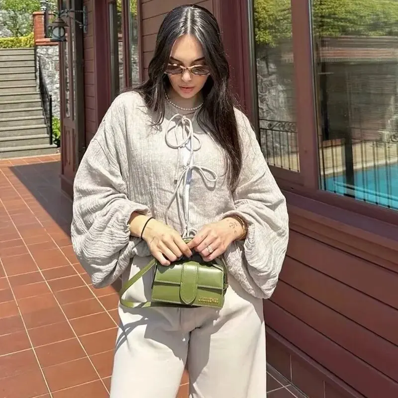 Crop Bow Lace-Up Bluse Damen Shirt Sommer O-Ausschnitt Langarm Lose Shirt Elegante Mode All-Match Damen Blusen