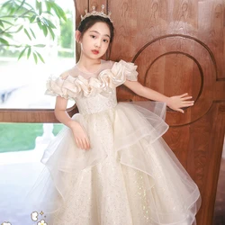 Little Girl Birthday Party Champagne Dresses for Elegant Wedding Guest Tulle Long Evening Gown Children Luxury Pageant Dress Kid