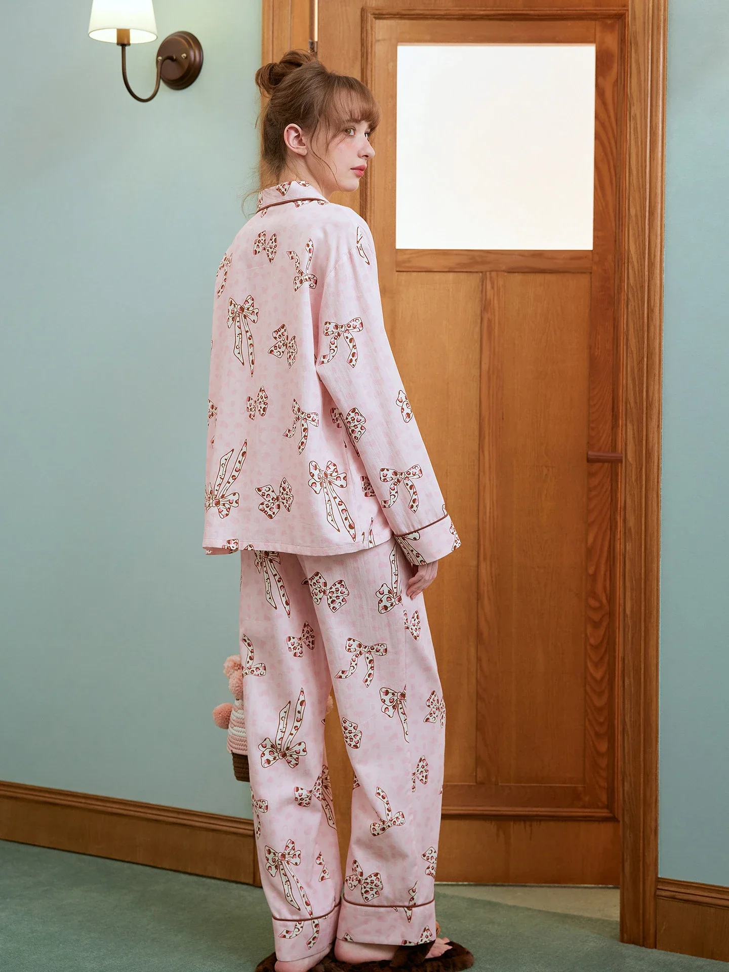 Lyocell Cotton Blend Women's Pajamas Set 2026 Spring Autumn Sweet Bow Print Sleepwear Silky Smooth Homewear Set