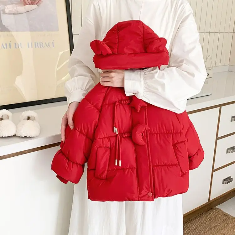 

1-8Y Girl Winter Cotton Overcoat 3D Moon Star Cute Ear Hat Kid Girl Warm Jacket Thicken Velvet Windproof Threaded Cuff Girl Coat
