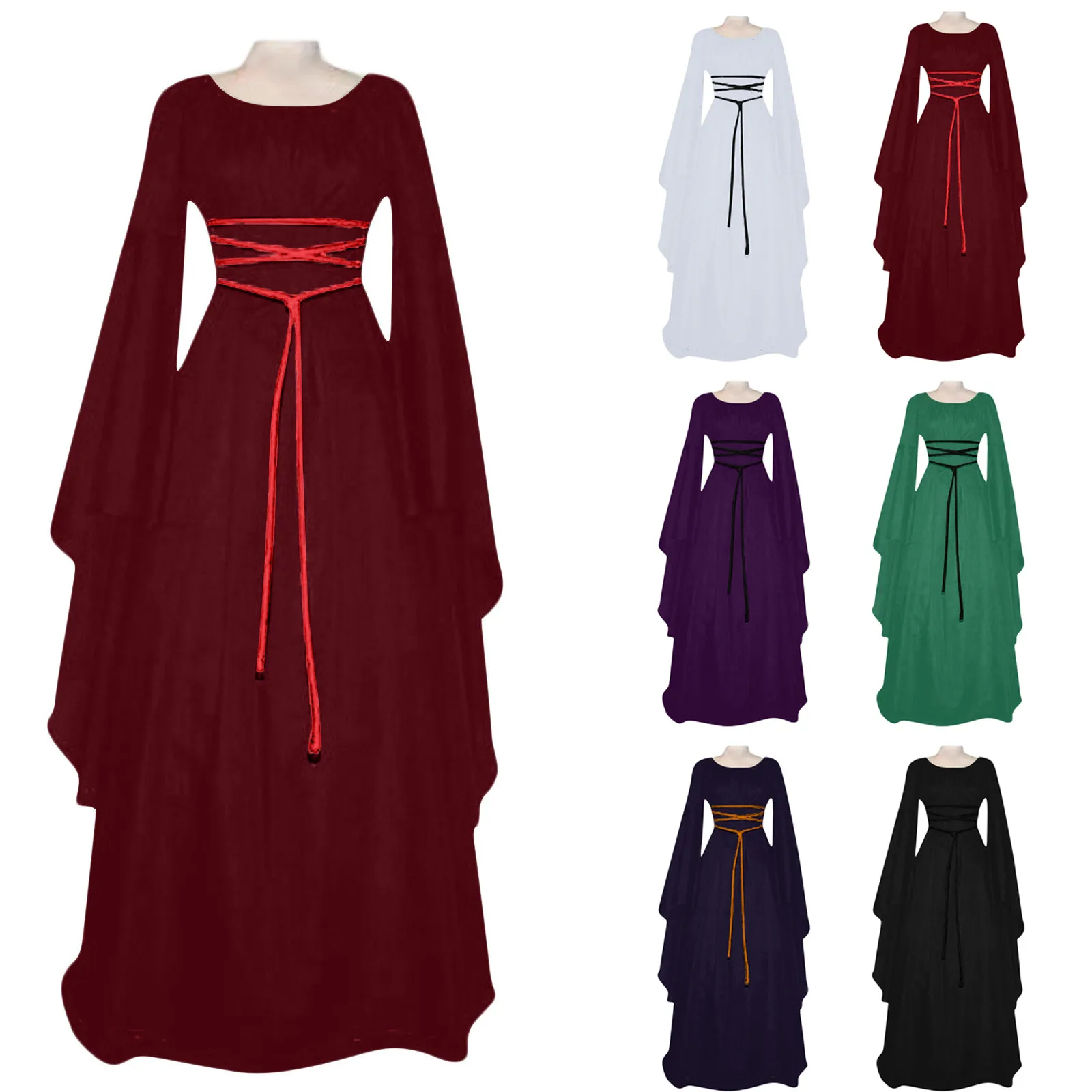 Women\'S Halloween Costume Long Sleeved Round Neck Lace-Up Waist Irregular Dresses Medieval Retro Elegant Evening Dress