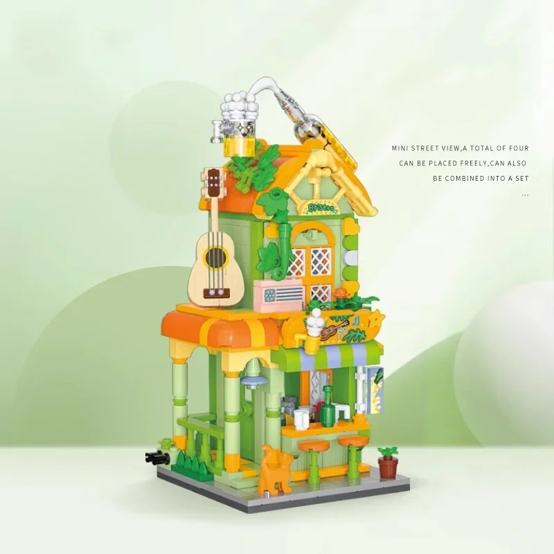 Bunte Straßenszene Bausteine Candy House Bistro Szene Modell Puzzle Zusammenbau Kinderspielzeug Geburtstagsgeschenk Dekorationen