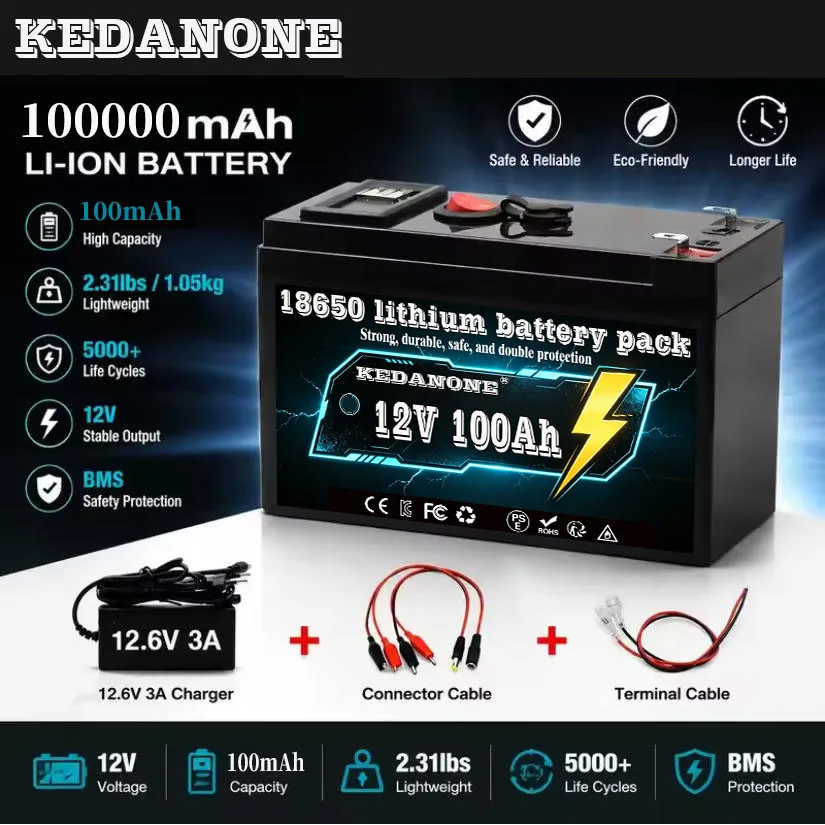 New 12V 100Ah Lithium-Ion Battery USB port for Power Supply, LED Lighting, with Charger Built-In BMS 4000+ Deep Cycle Release