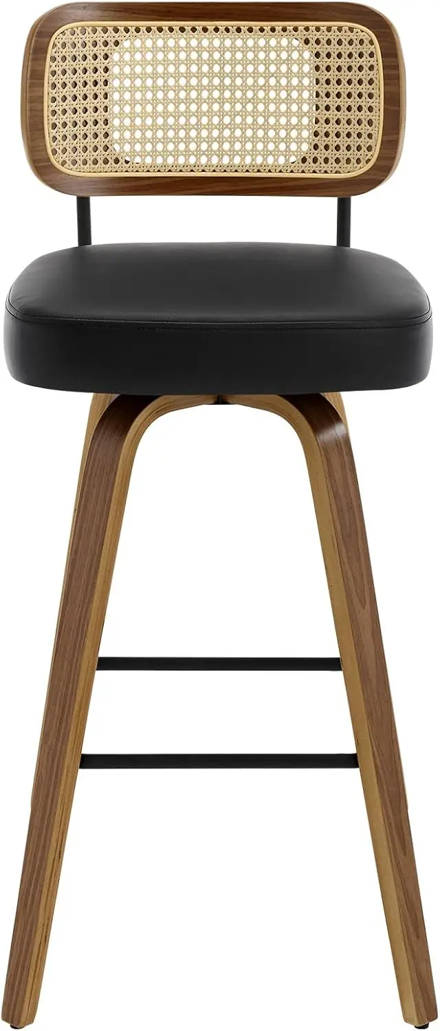 Swivel Bar Stools, Upholstered Faux Leather Barstools With Rattan Back, Bentwood Wood Frame, 29"" Seat Height Bar Chairs For