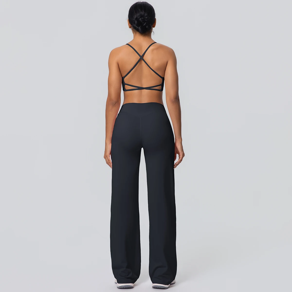 Frauen Gym Sport Yoga Anzug Sexy Schöne Zurück Yoga Unterwäsche Mit Brust Pad Einfarbig Hohe Taille Breite Bein Hosen Yoga Set – Detail 14