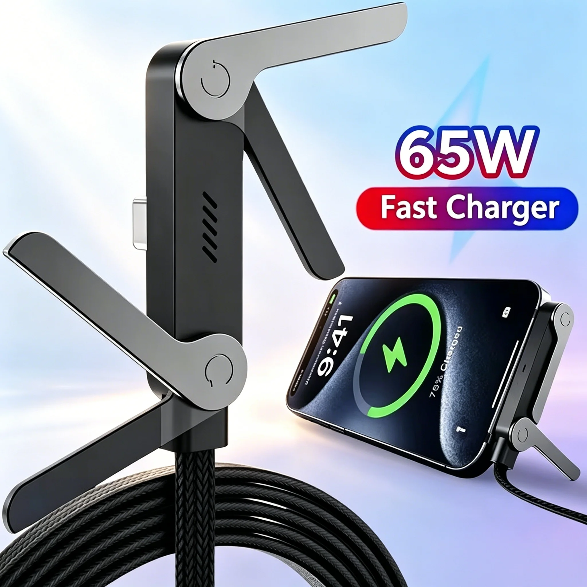 2-in-1 65W USB Type-C Fast Charging Cable With Foldable Phone Stand Type-C Quick Charge Data Wire For All Type-C Smartphones