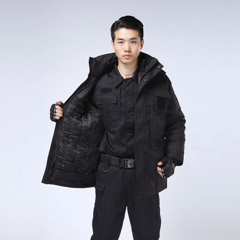 Thick Black Security Guard Uniform Warm Winter Outdoor Parka Uniform Tactical Long Sleeve Coat Windproof Jacket Training