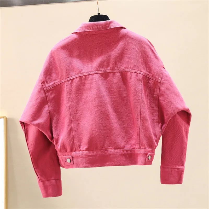 Korean Fashion Green Rose Red Beige Denim Jacket Women Slim Short Cowboy Outerwear Pocket Long Sleeve Jeans Jacket Coat Female