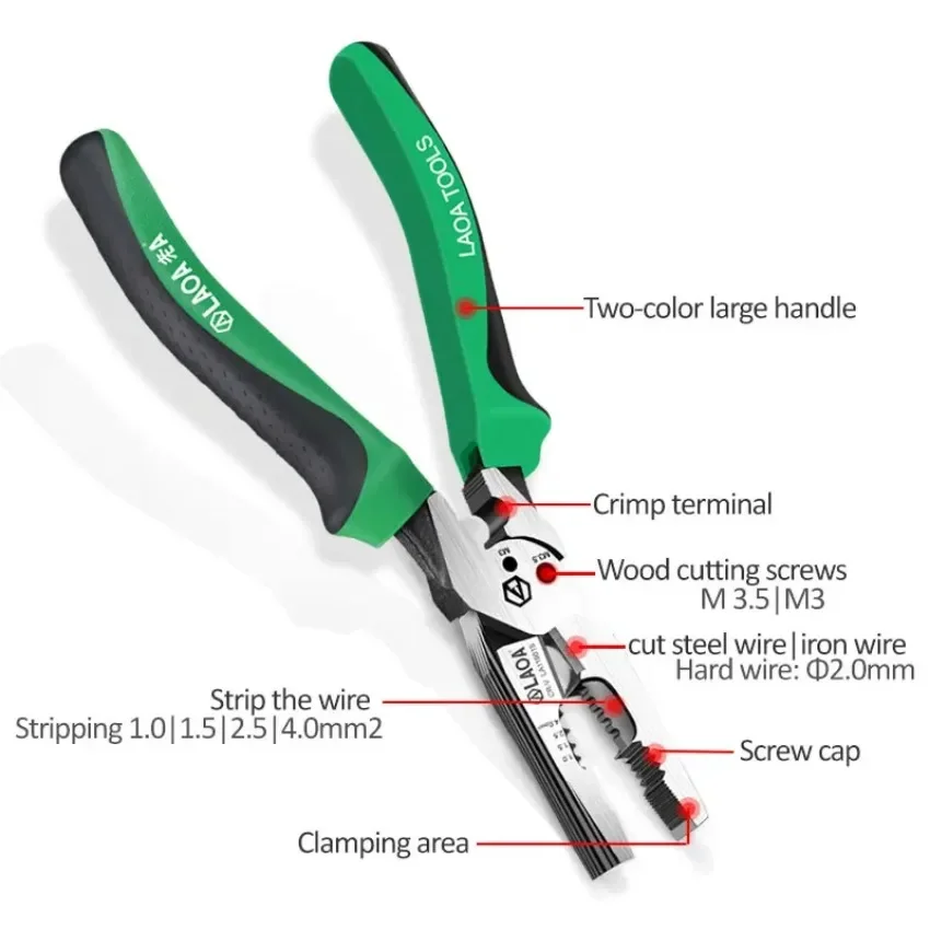 6 in 1 Multifunction Electrician's Pliers Wire Cutter 1/1.5/2.5/4 Mm² Wire Stripper M3/3.5 Nails Cutter and Grip Crimping Pliers