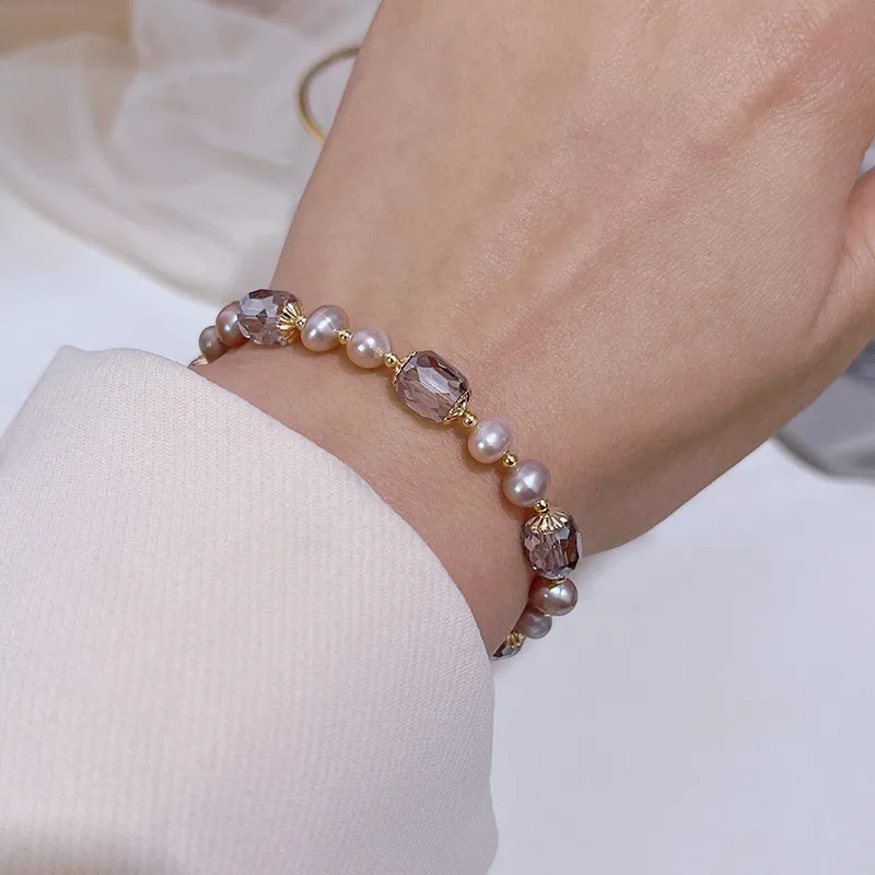 Elegant Pink Imitation Pearl Bracelets Exquisite Purple Crystal Beaded Adjustable Bracelets Bangle Female Wristband Accessories