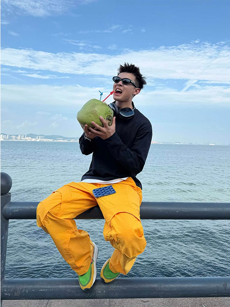 Yellow Outdoor Climbing Cargo Pants Men's Spring Autumn New Style Windproof Waterproof Sports Casual Trousers Workwear Trendy