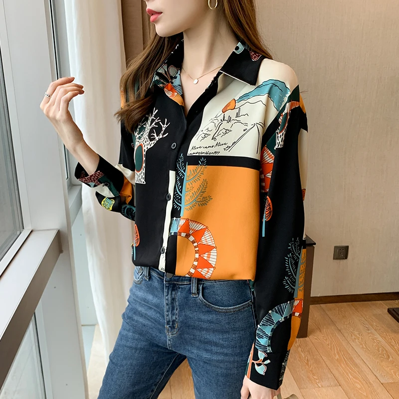 Women Korean Fashion Loose Printing Chiffon Polo-Neck Long Sleeve Shirts Ladies Casual All-match Appear Thin Office Lady Tops