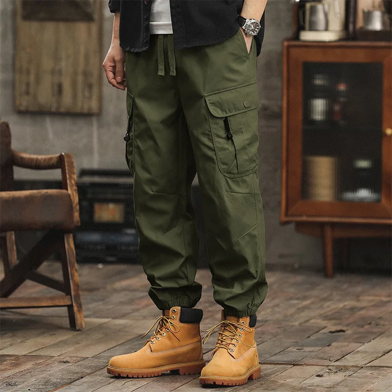 PFHQ American Style Men's Cargo Pants Solid Color Big Pocket Cuffed Trousers Drawstring Elastic Waist Male Bottom Autumn 21Z7663