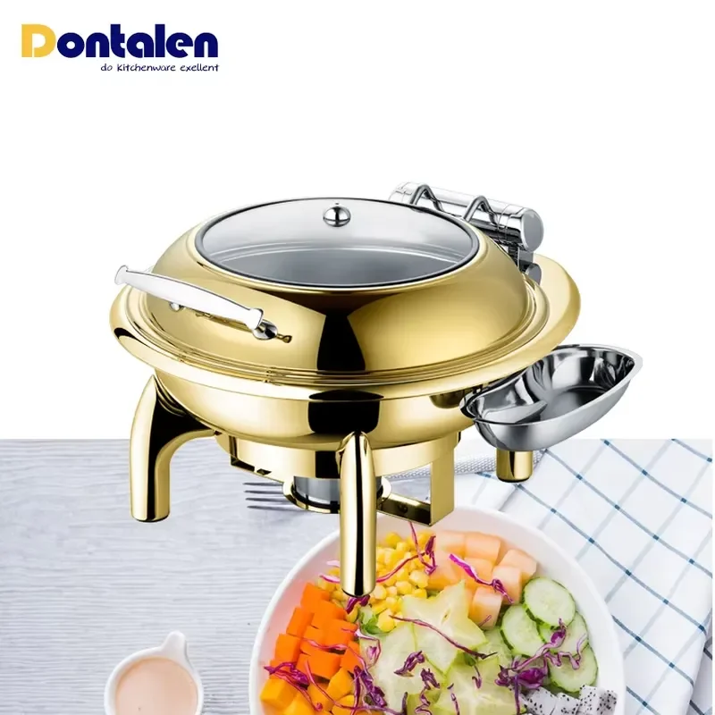 Dontalen 6L/9L Stainless Steel Silent Hydraulic Chafing Dish | Gold Plated Eco-friendly Buffet Server | Visible