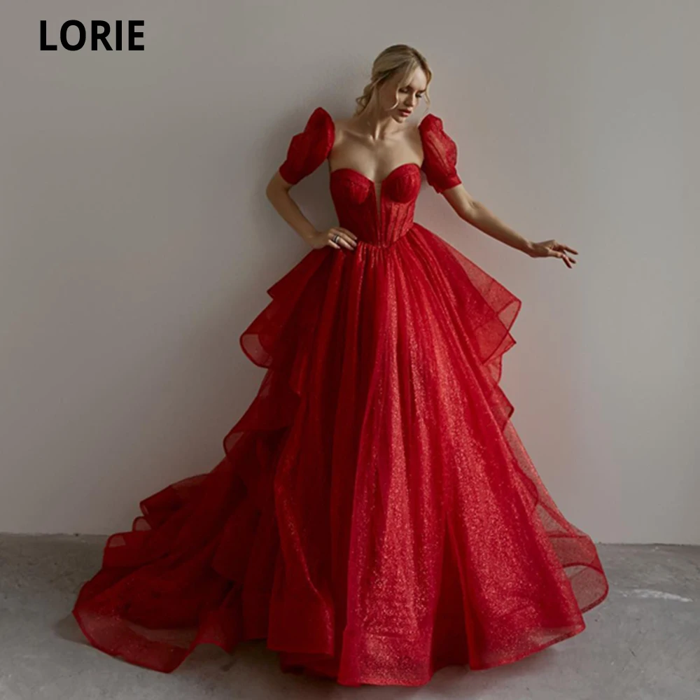 

LORIE Red A-line Prom Dresses Vestidos De Noche Short Cap Sleeves Formal Evening Gowns Sweetheart Glitter Tulle Party Dresses