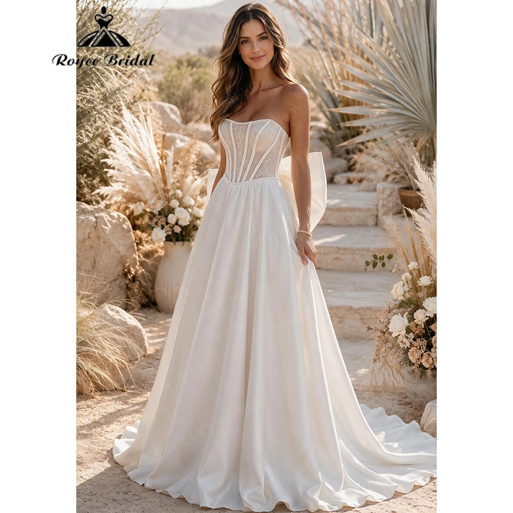 Roycebridal Pearls Bow Elegant A Line Wedding Dresses 2027 Lace Up Satin Beach Bridal Gown Customized vestido de novia