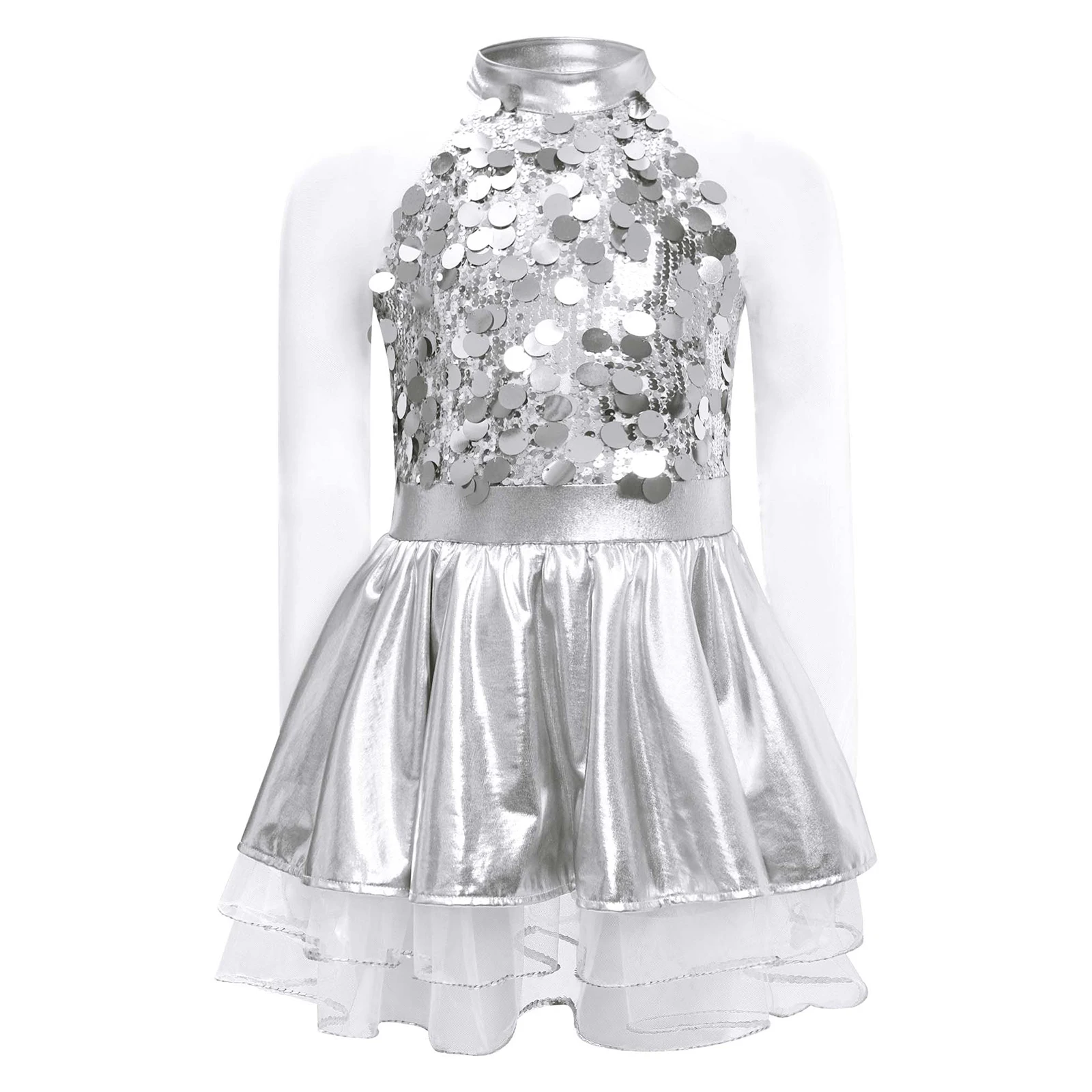Girls Sequin Ballet Dance Tutu Leotard Dress Long Sleeve Layered Tulle Dress Figure Skating Dancewear for Party Princess Costume