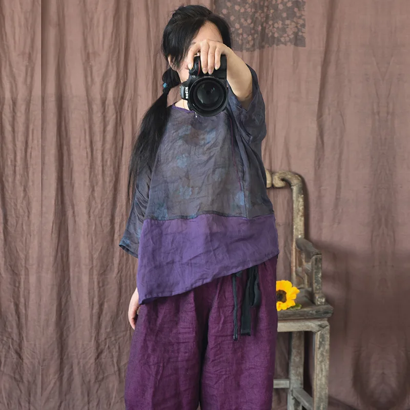 

Original round Ne Light Weight Thin Cotton irt Printing Proc Retro Side Buttoned Blouse Loose Fit Summer Faion Ladie...