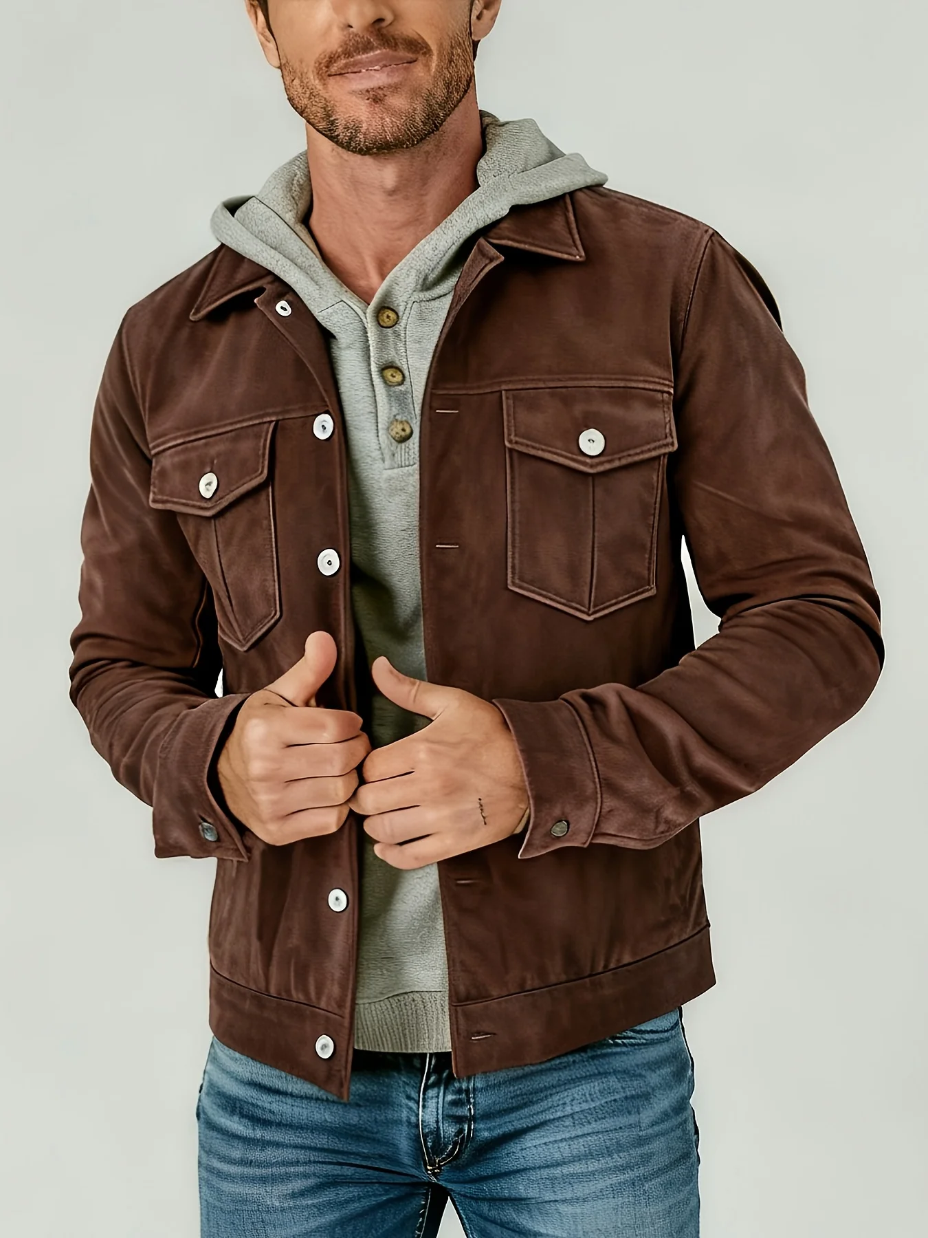 Men's Vintage Brown Suede Trucker Jacket Casual Lapel Button Down Long Sleeve Work Coat Classic Pocket Outdoor Daily Wear Outerw 3