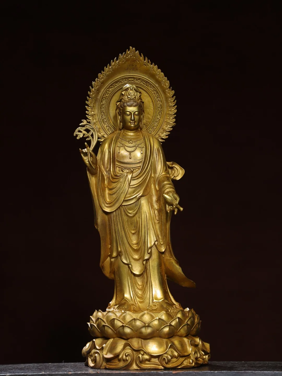 

19"Tibetan Temple Collection Old Bronze Gilded Cinnabar Guanyin Bodhisattva Backlight Standing Buddha Worship Hall Town house