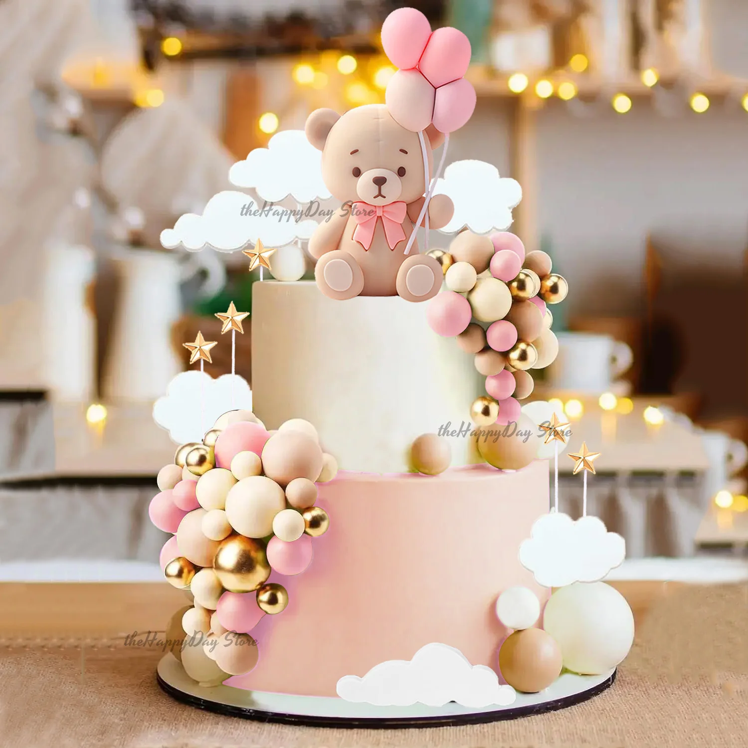 1 Set Rosa Bären-Kuchendekoration 3D Bär Rosa Creme Goldene Kugeln Kuchenaufsätze Bär Boho Geburtstag Babyparty Hochzeit Kuchendeko