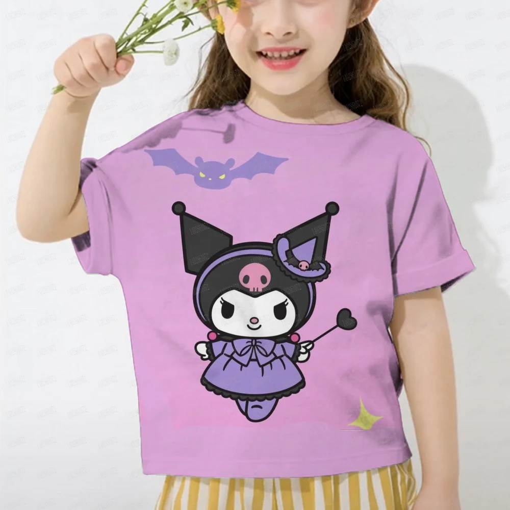 MINISO 2024 Anime Cartoon Summer Kuromi T-Shirt My Melody Hello Kitty 3D Printed Clothing Kids Girls Fashion T Shirt Casual Tops