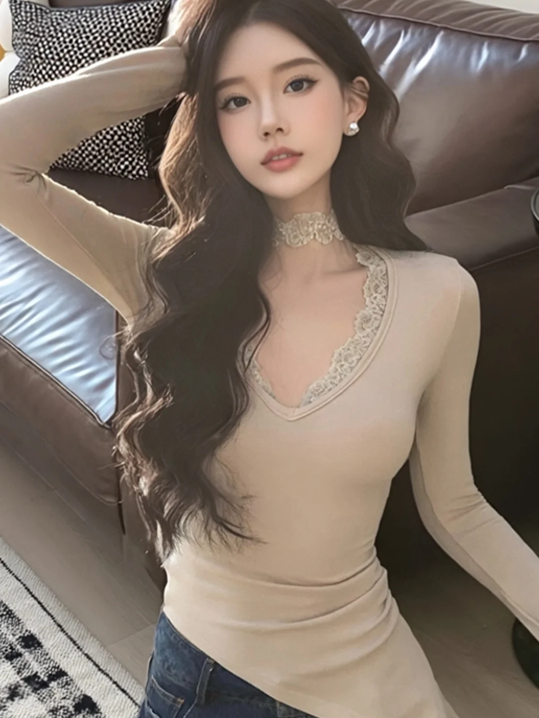 

Sexy Fashionable Long Sleeve V-Neck Lace Trim T-Shirt Women's Slim Fit Asymmetrical Top Breathable Skin-Friendly Polyester Fiber