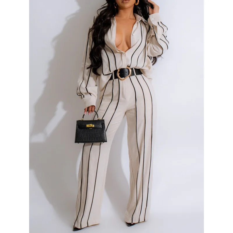 

Pant Set Women Two Piece Sets Turn Down Collar Full Sleeve Striped Tops Wide Leg Long Pants High Waist Y2k Streetwear 2026