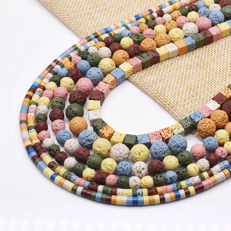 4 6 8 10mm Volcanic Lava Natural Stone Beads Colorful Round Cube Space loose Bead For Jewelry Making DIY Bracelet Necklace