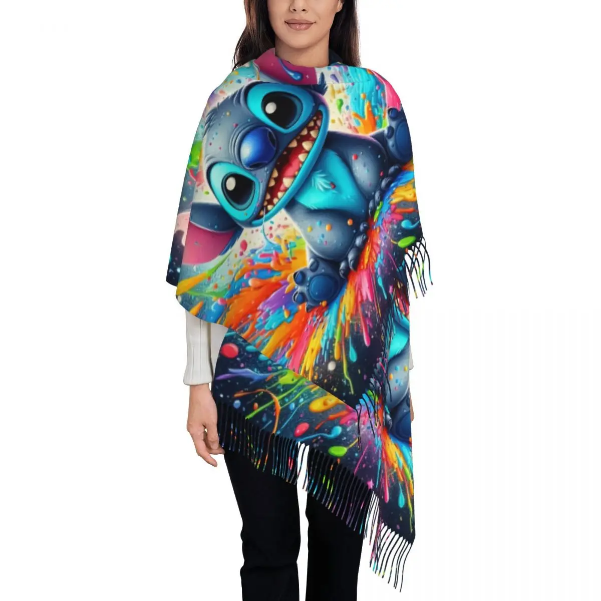

Custom Ladies Large Cartoon Stitch Scarves Women Winter Fall Soft Warm Tassel Shawl Wrap Scarf