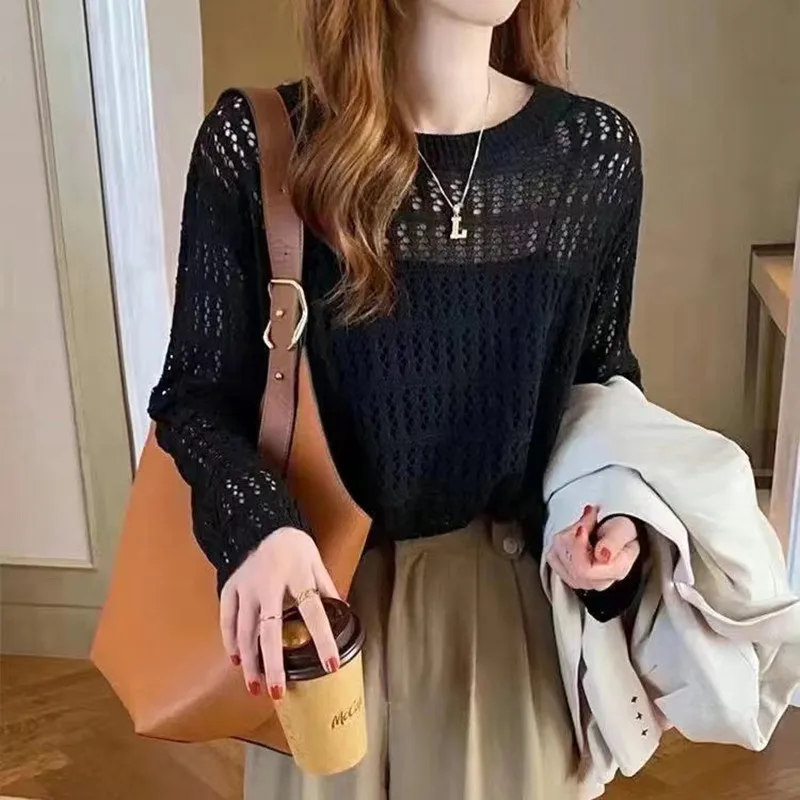 Open Knit Sweater Long Sleeve Tops Round Neck Crop Pullover Blouse Cover Up for Women Teen-girls Spring Summer Outfit