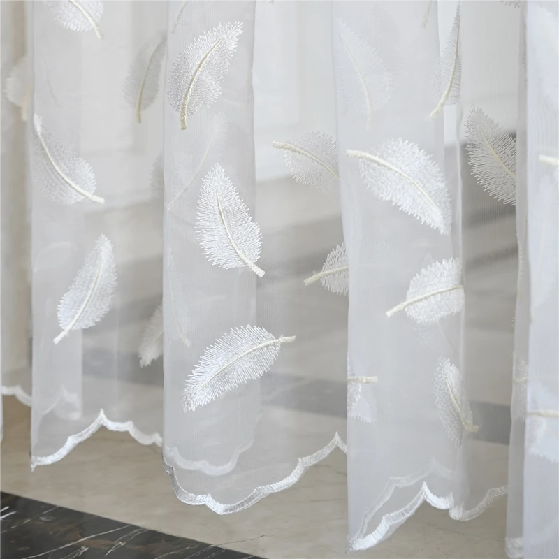 French Romantic White Feather Embroidered Sheer Curtain Elegant Transparent Window Screen For Living Room Bedroom Kitchen Decor