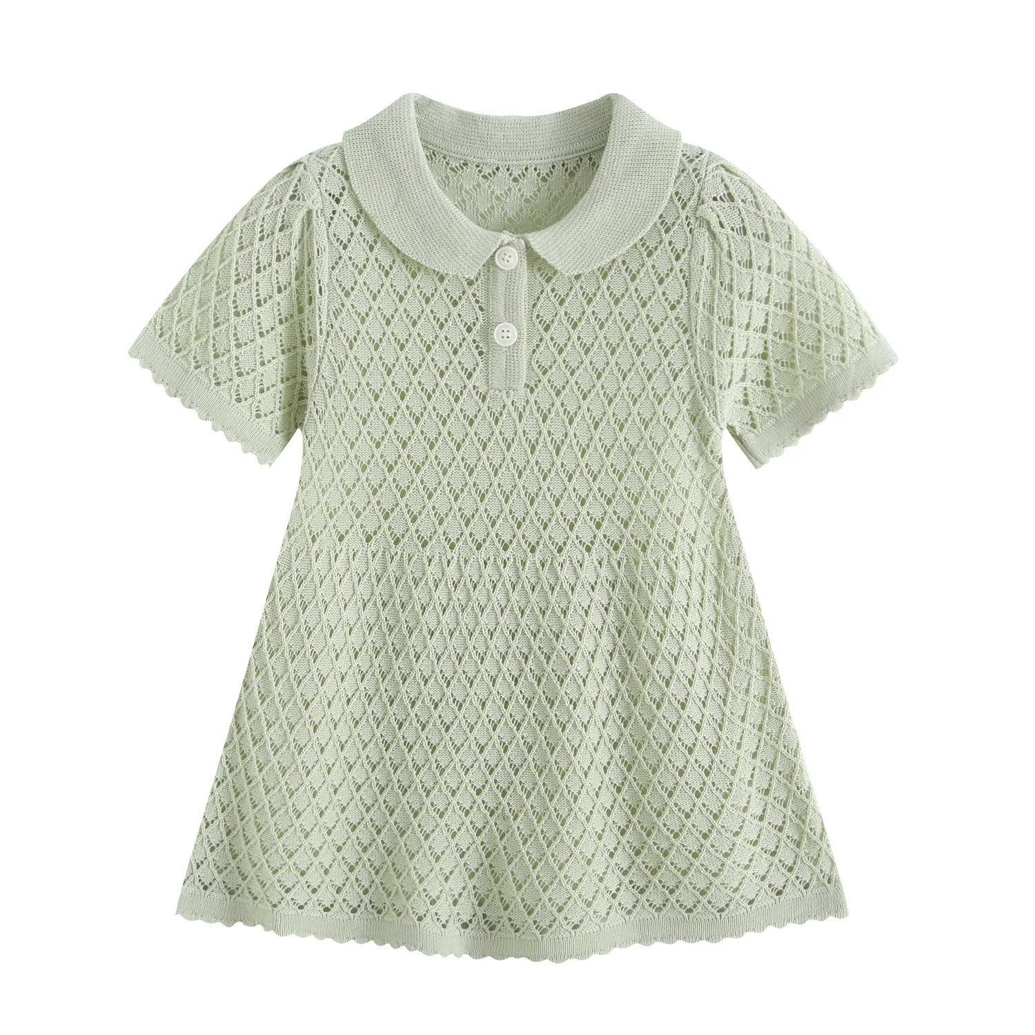 Girls' thin knitted dress, summer new style, lapel short sleeved hollow soft and sticky waist princess skirt