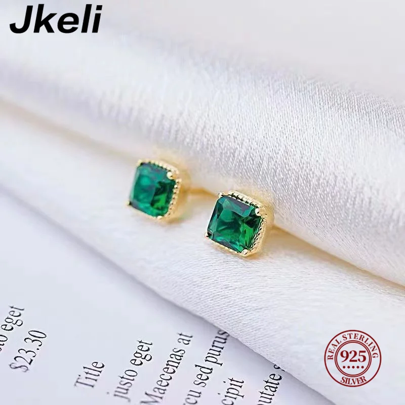 Jkeli 925 Sterling Silver Emerald Square Zircon Stud Earrings for Women Vintage Geometric Fine Jewelry Minimalist Accessories