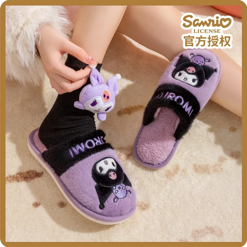 Genuine Sanrio Kuromi Hello Kitty Plush Slippers My Melody Warm Winter Indoor Slippers Flat Casual Non-slip Girl Home Shoes