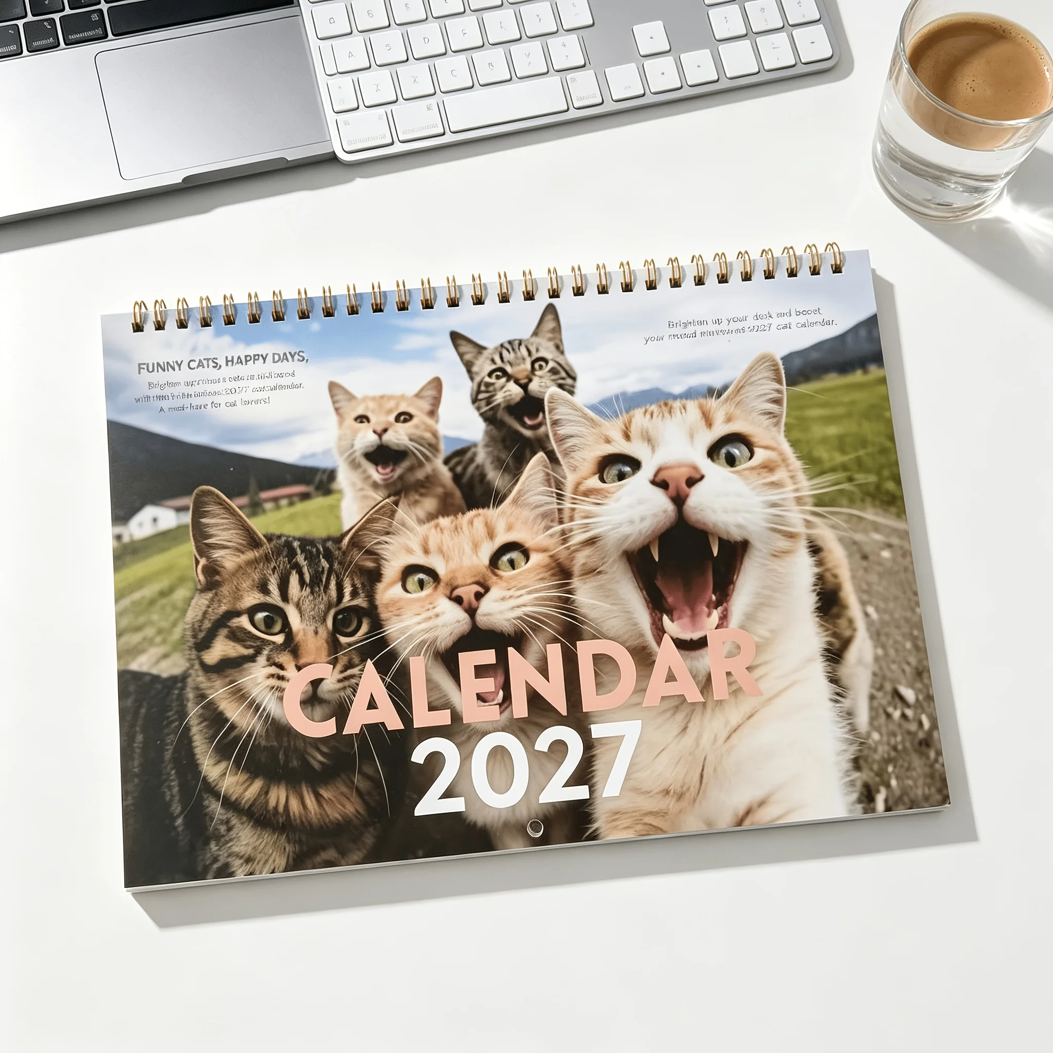 2027 Funny Cat Selfie Wall Calendar Spiral Bound 12 Month Hanging Planner Cute Kitten Art Wall Decoration for Bedroom Study Room