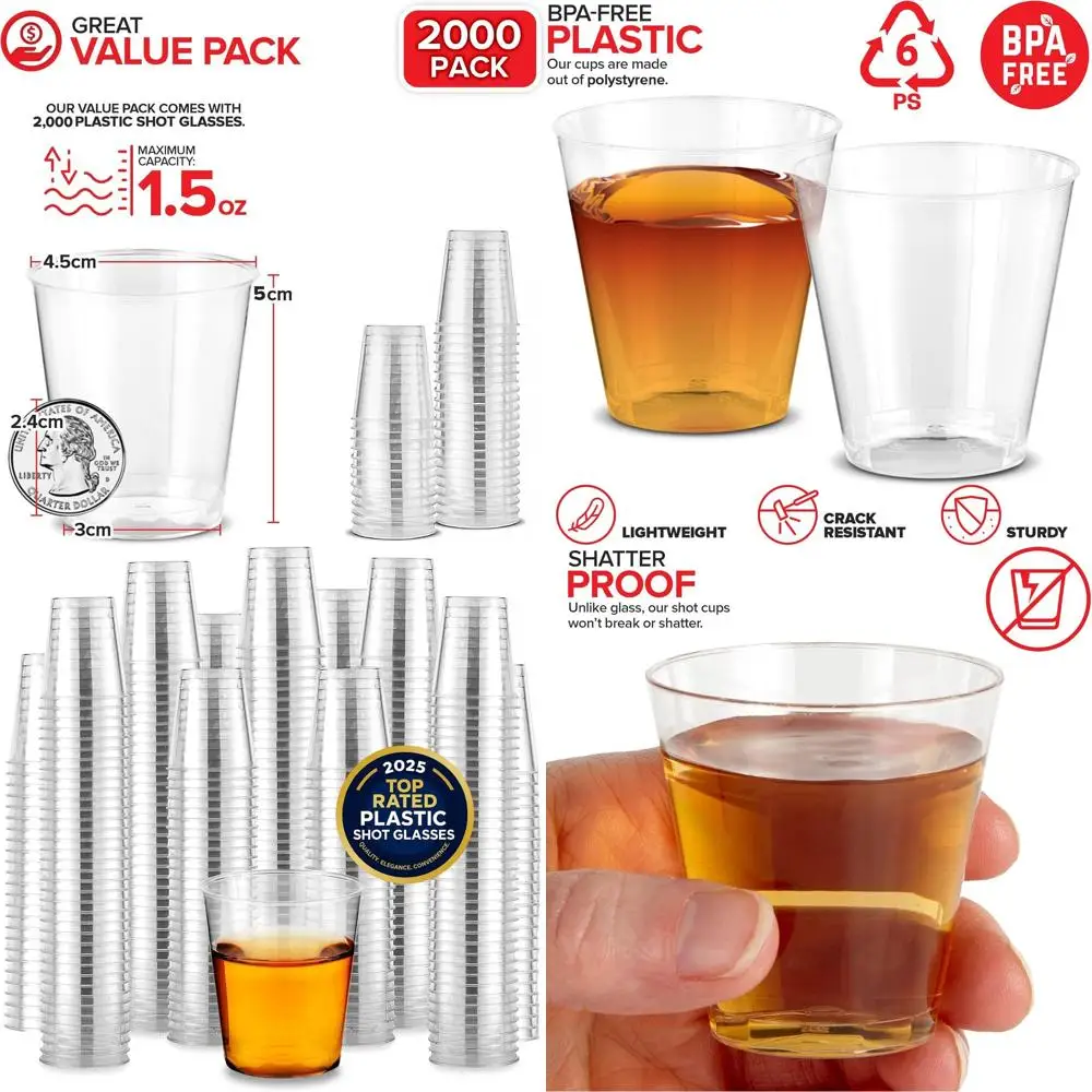 

2000 Clear Plastic Disposable Shot Glasses - Ideal for Jello Shots, Food & Wine Tastings, Mini Party Condiment Cups