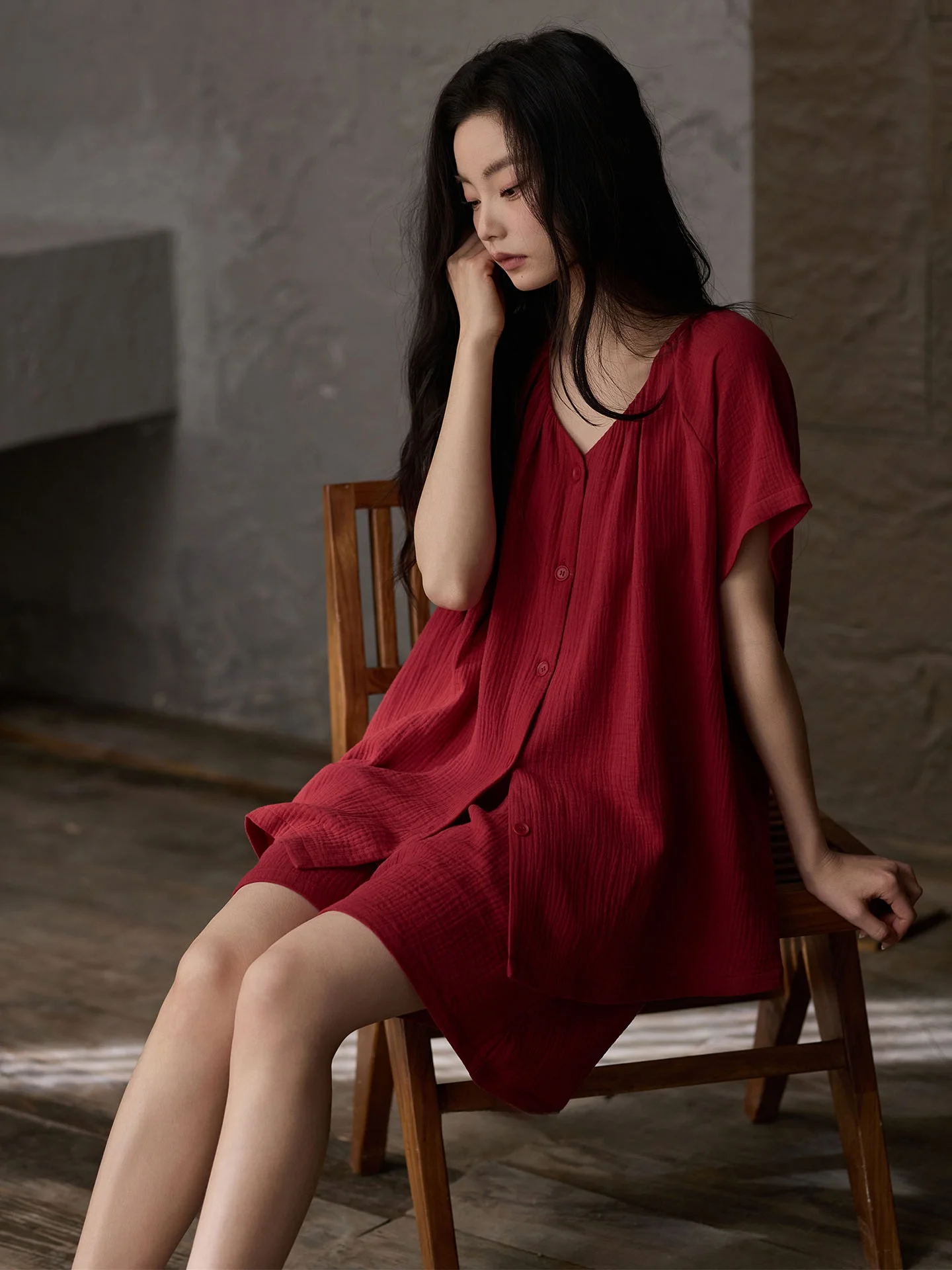 red-pure-cotton-summer-sleepwear-women's-double-layer-gauze-baby-cotton-chest-pad-integrated-cool-feeling-set-loose-fit-v-nec