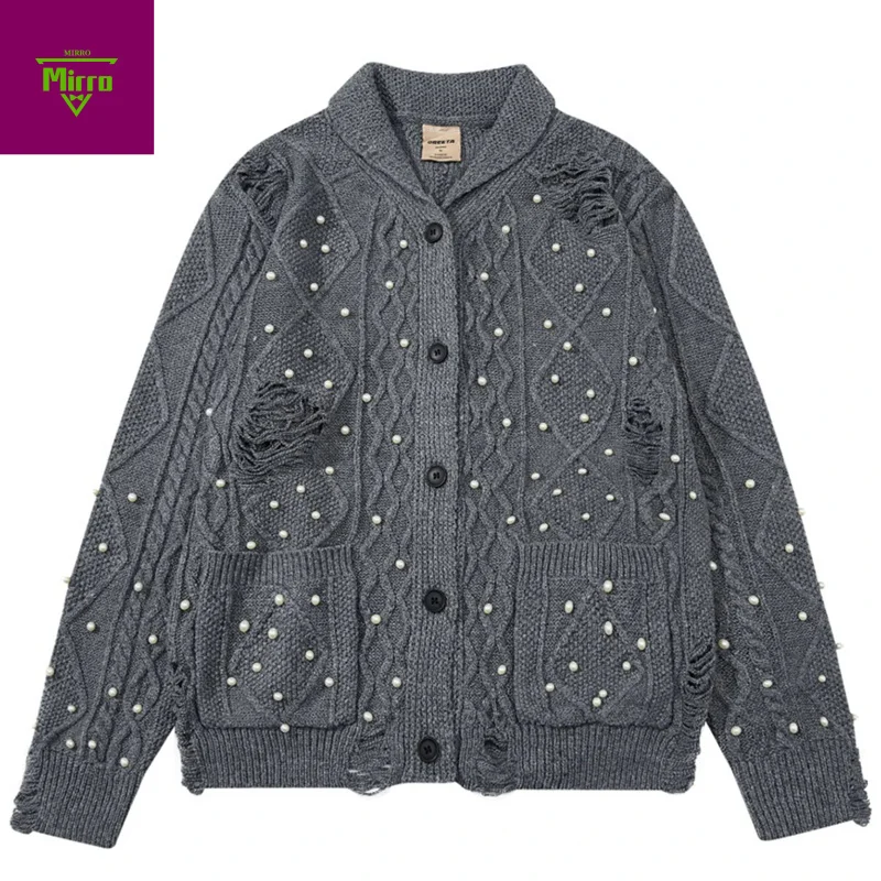 

【Mirrordust】Vintage Oversized Sweaters Pearl Ripped Knit Cardigan Men Streetwear Harajuku Hip Hop Sweaters Knitwear