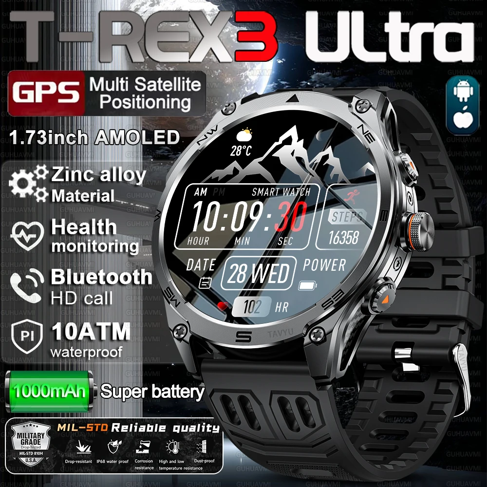 

T-Rex 3 ULtra Military Grade 1000mAh Battery Smart Watch 10ATM Waterproof GPS call AMOLED HD Men 100+Sports 2025 New Smart watch