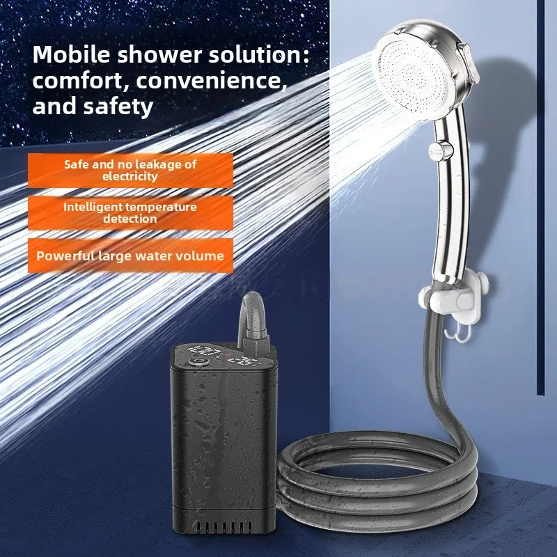 Douche de camping en plein air, ceinture noire étanche IPX7 avec affichage numérique, pompe de douche électrique portable, randonnée, arrosage pour animaux de compagnie
