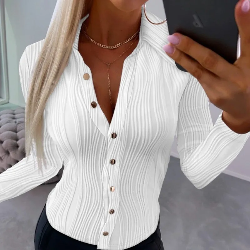 2023 Spring and Autumn Women\'s Cardigan V-neck Long Sleeve Solid Stripe Button Elastic Sexy Slim Fashion Casual Shirt Tops